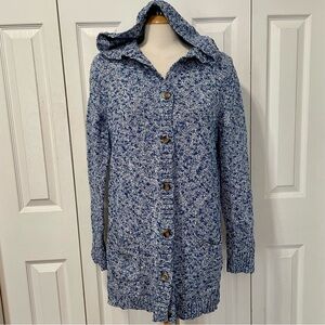 L.L. Bean Cable Knit Navy and White Hooded Sweater Cardigan